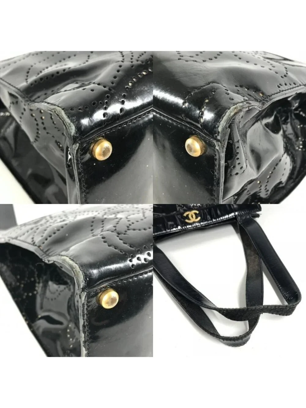 Chanel Shoulder Bag Perforated Logo Camellia Flower Patent Leather Black
